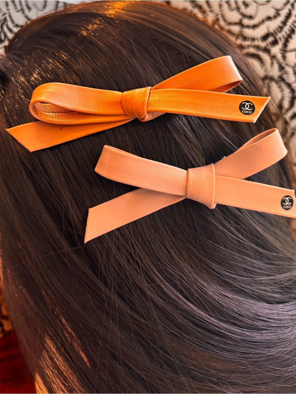 Bow hair clips one pair on PU Tan/ nude leather with black and white accent